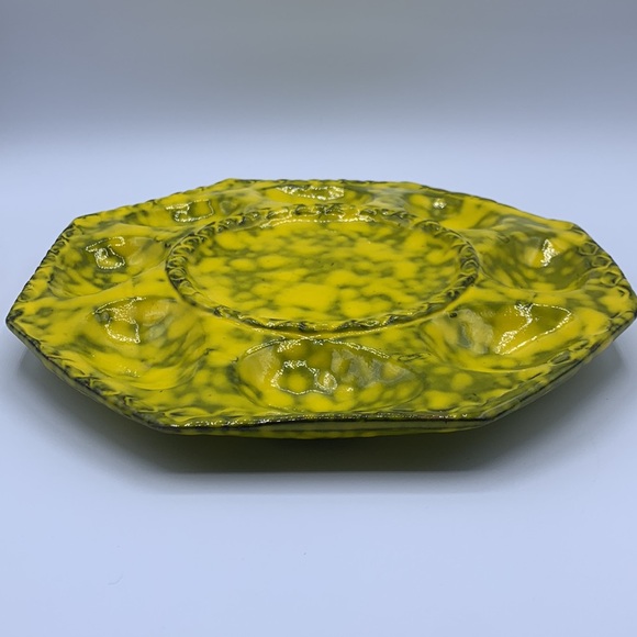 Vintage Italian Yellow Green Lava Glaze Pottery Deviled Eggs Serving Platter - Picture 4 of 4